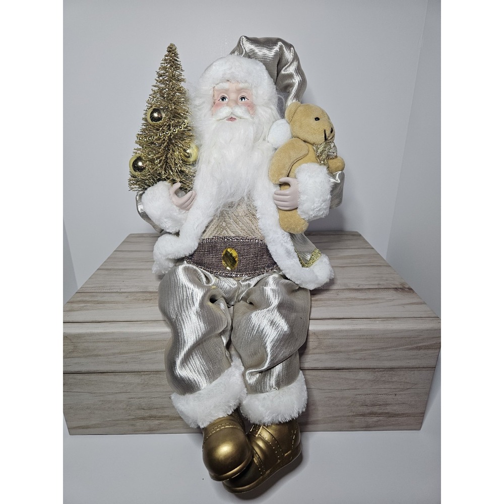 Silver Gold Sitting Santa Shelf Sitter Doll Figurine Teddy Bear Tree
